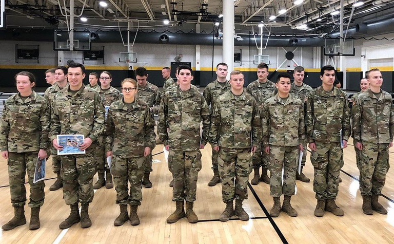 Army ROTC cadets in formation.